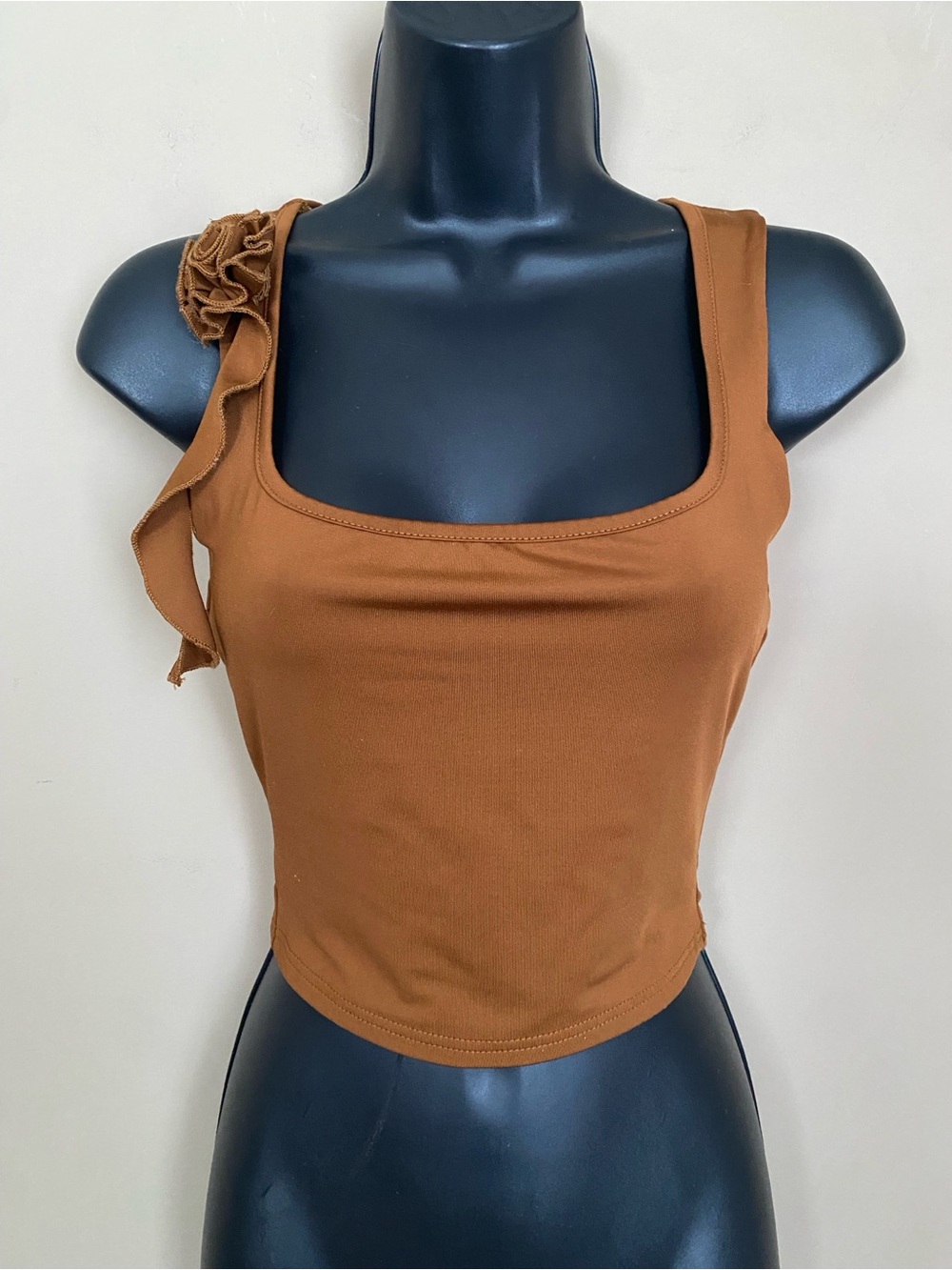Brown Square-Neck Crop Tank Top with Shoulder Rosette